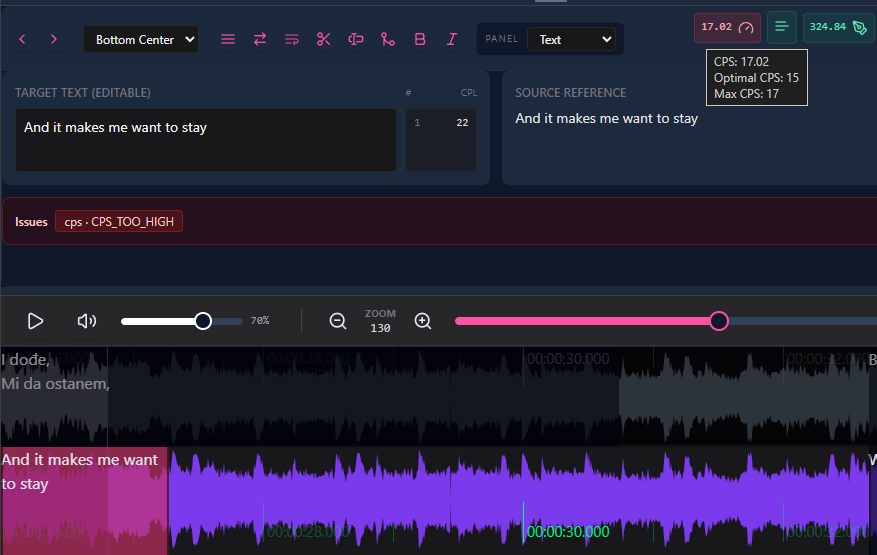 Sublandia Editor displaying real-time subtitle validation