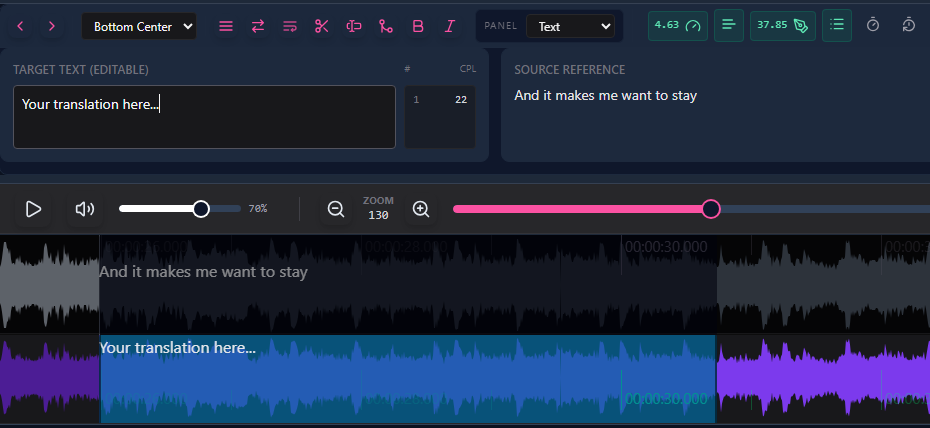 Editing Target subtitles directly in the table or waveform in Sublandia Editor with preserved Source timecodes