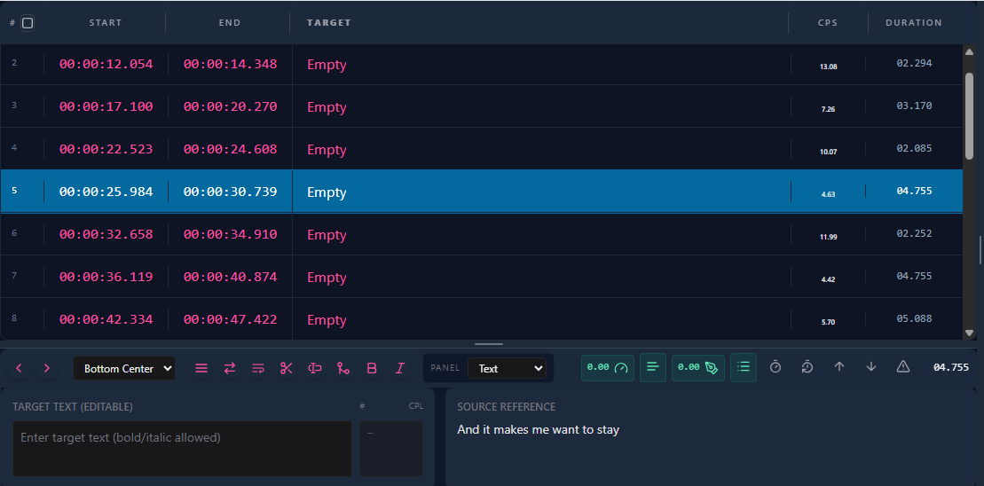 Empty Target subtitles displayed in the subtitle table with timecodes matching the Source template in Sublandia Editor