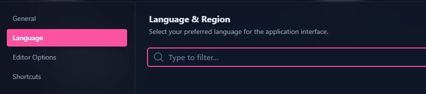 Language option selected in settings menu of Sublandia Editor