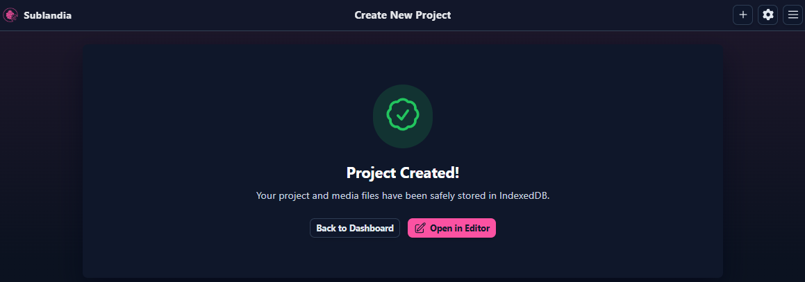 Project created confirmation window in Sublandia Editor editor launch