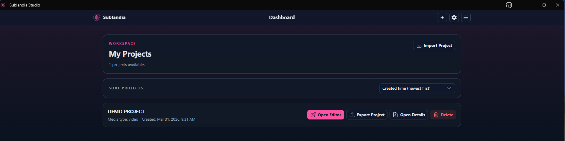 Sublandia Editor desktop app running offline with local subtitle processing