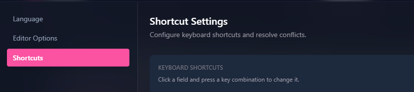 Opening settings to configure keyboard shortcuts in Sublandia Editor