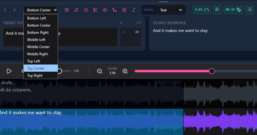 Subtitle positioning panel in Sublandia Editor showing 9 possible positions