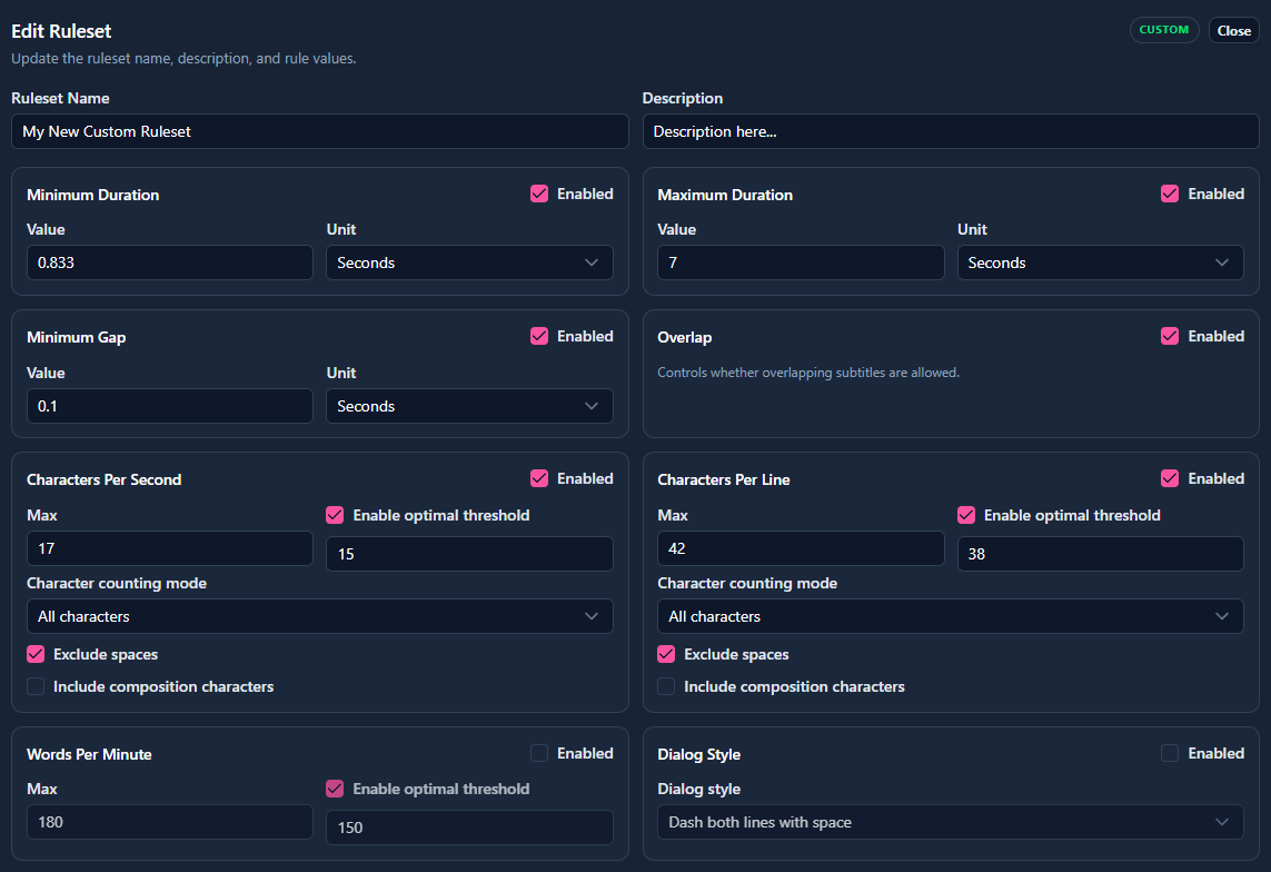 Subtitle standards settings including CPL CPS and MinGap in Sublandia Editor