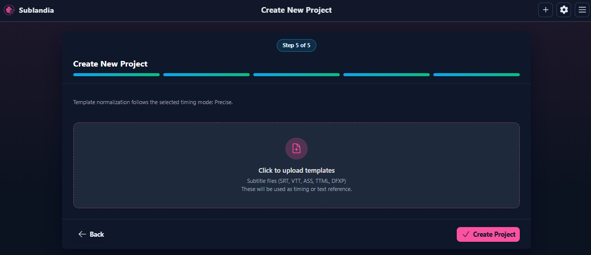 Subtitle template upload screen in Sublandia Editor project setup