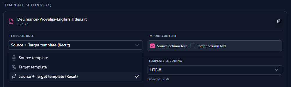 Selecting Source + Target Template (Recut) role in Sublandia Editor for subtitle translation