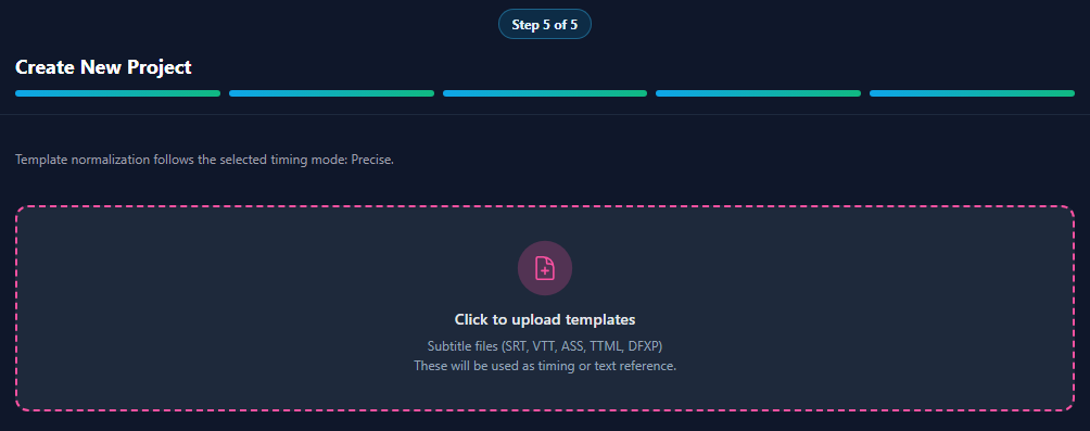 Uploading a Source subtitle template (SRT, TTML, or other) in Sublandia Editor during project creation