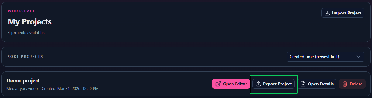 Export subtitle project as subpro file in Sublandia Editor