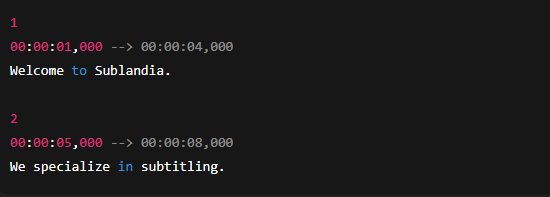 srt subtitle format Screenshot showing example of SRT subtitle file code with numbered segments and time codes