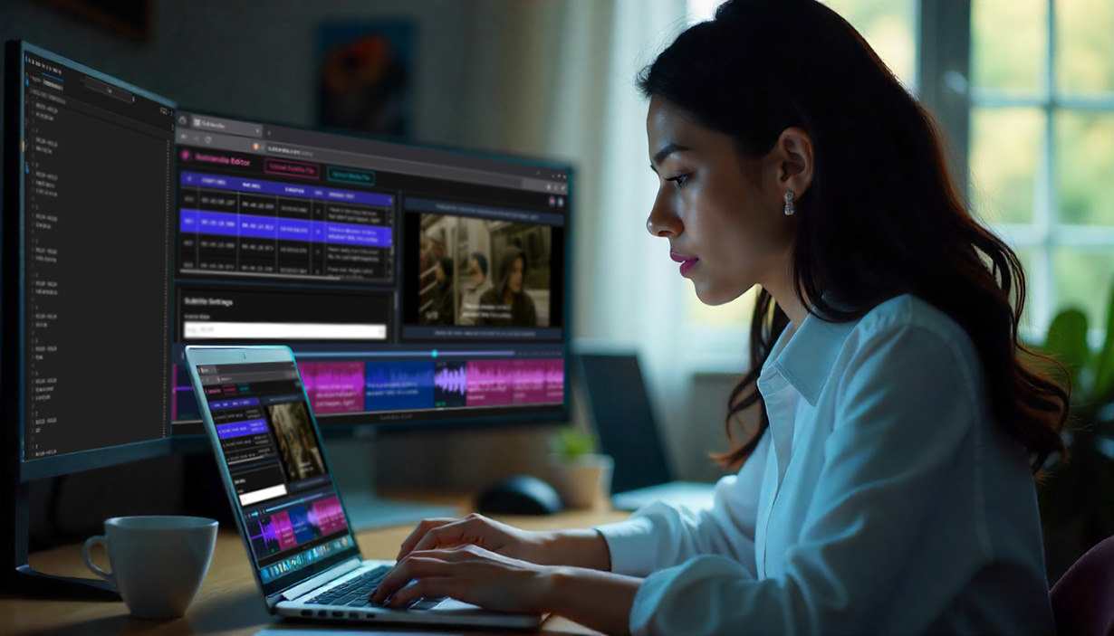 Dark-haired woman in white shirt creating film and TV subtitles