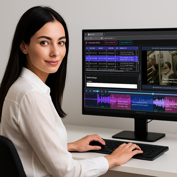 Woman in white shirt editing subtitles, showcasing translation and transcreation skills