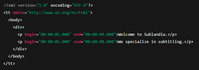 Screenshot displaying TTML subtitle file code in XML format with timed text elements and styling tags